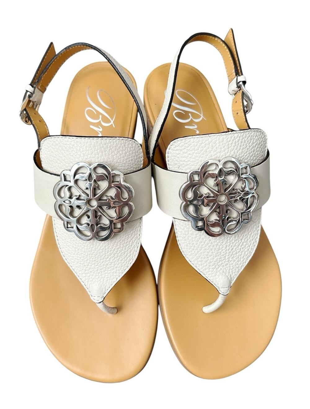 Brighton Alana Sandals Womens 5N Off White Italian Leather Thong Buckle Logo